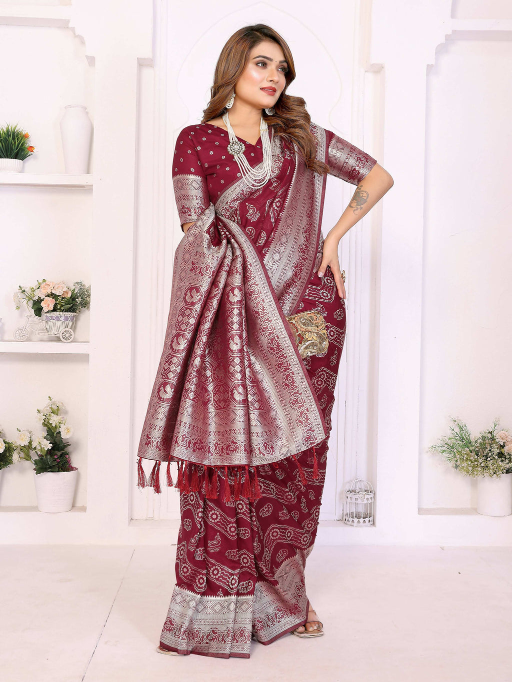 Maroon Georgette Silk Leheriya Saree with Zari Weaving