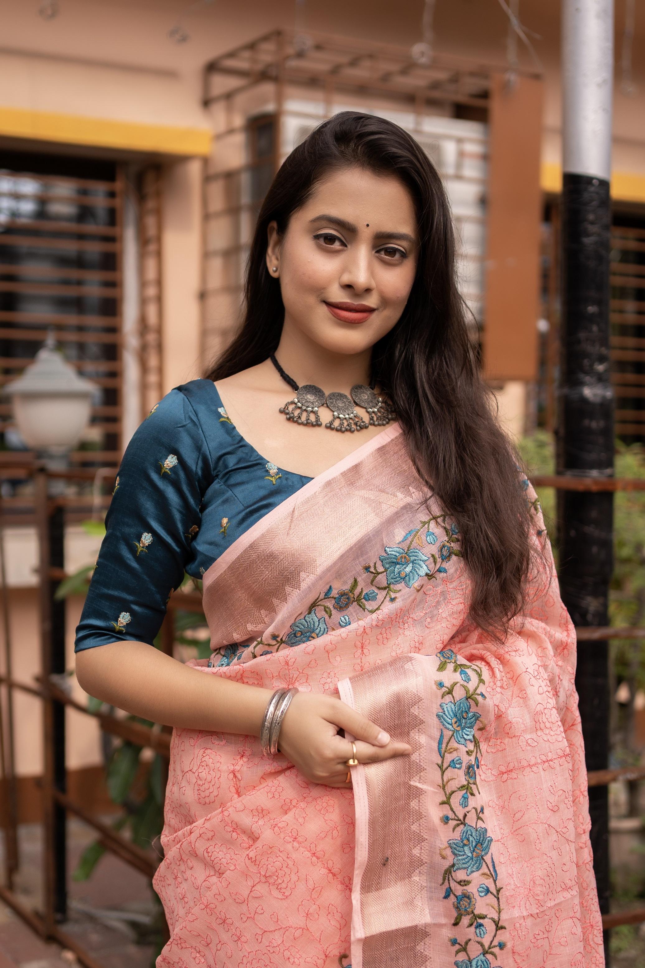 Pink Pure Linen Woven Saree with Floral Embroidery