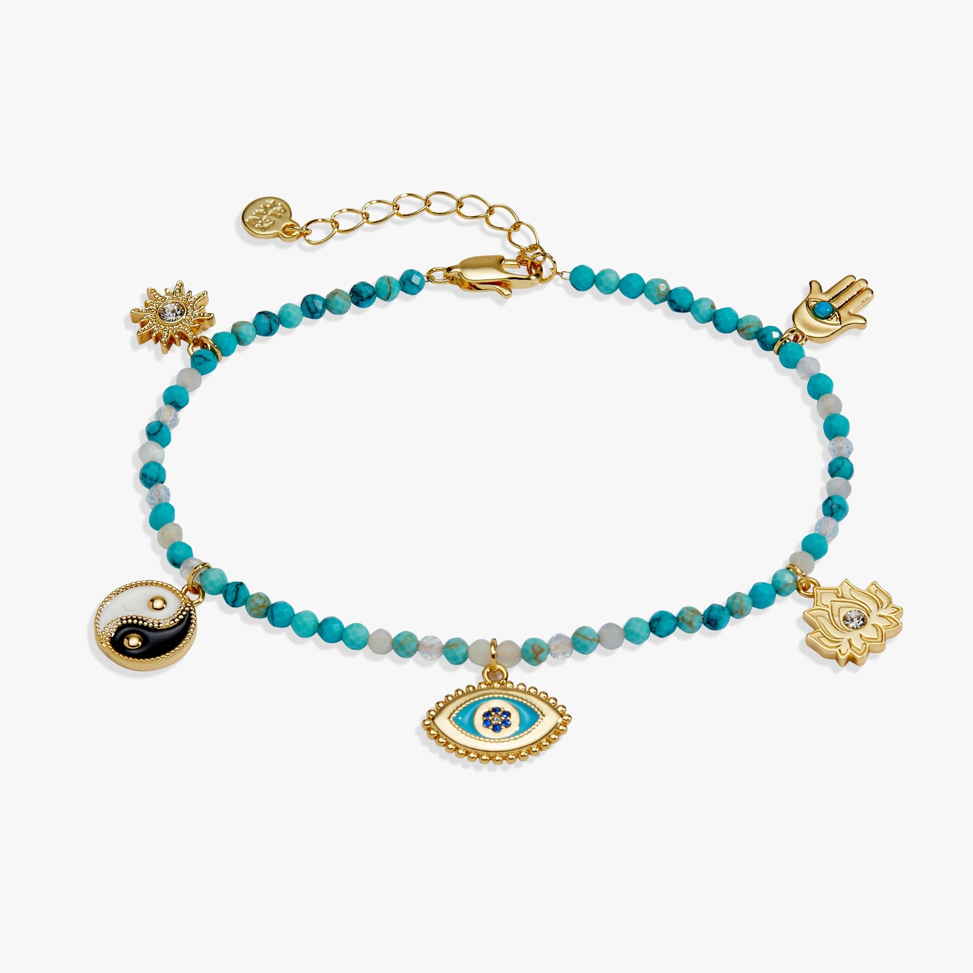 Close up of Healing Stone Charm Anklet with turquoise beads, sun, lotus, hamsa, and evil eye charms.