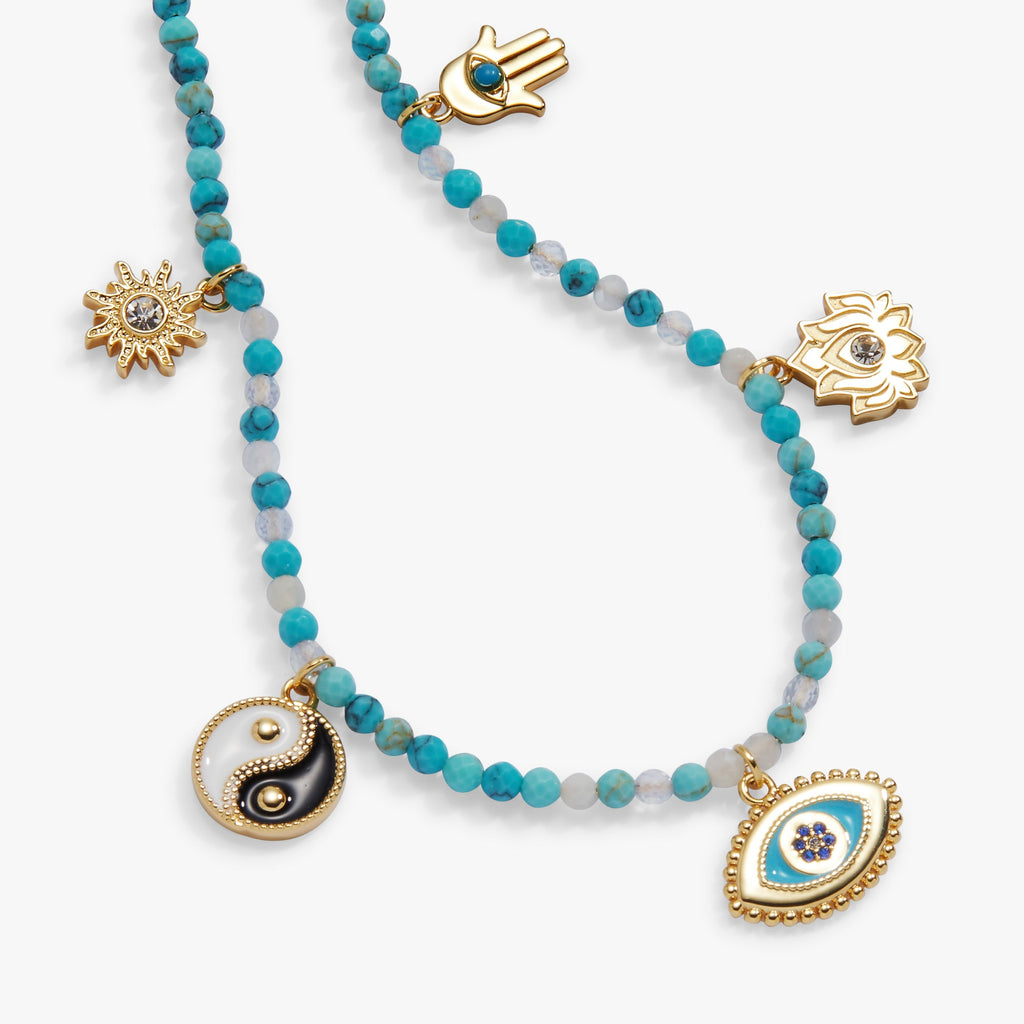 Healing Stone Charm Anklet with Turquoise Beads and Spiritual Charms