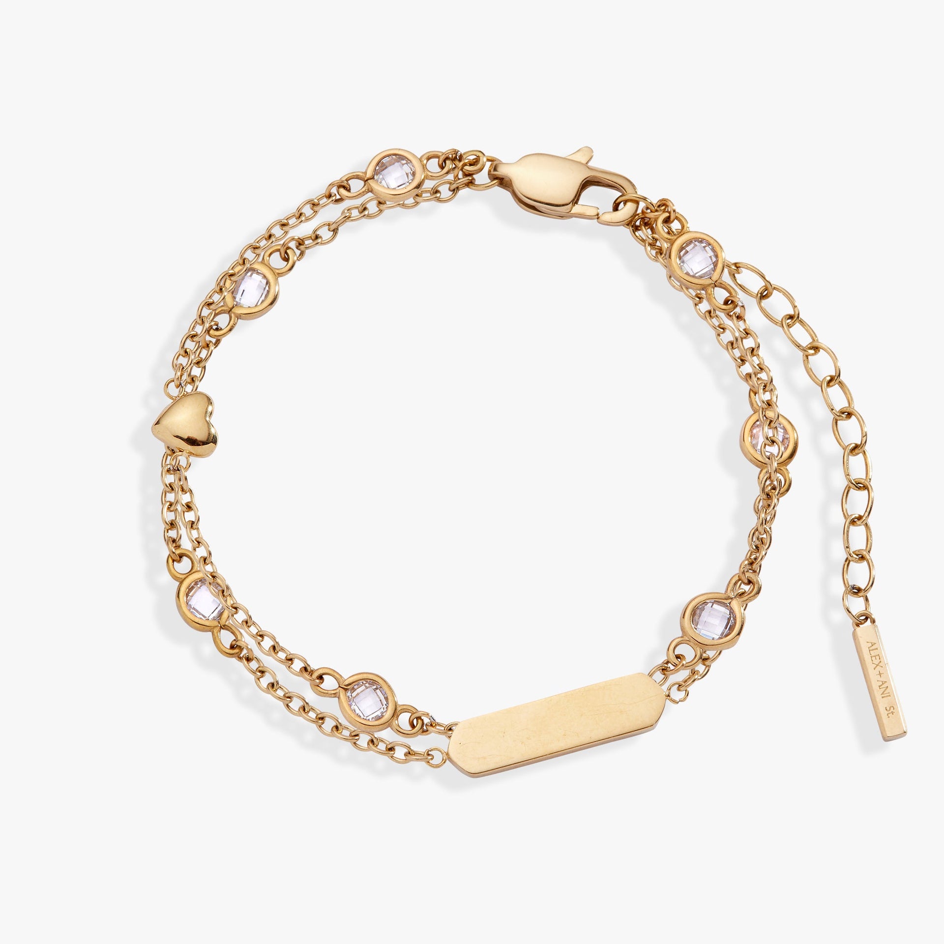 Double strand bracelet with heart symbols and crystal stones in gold and silver finishes