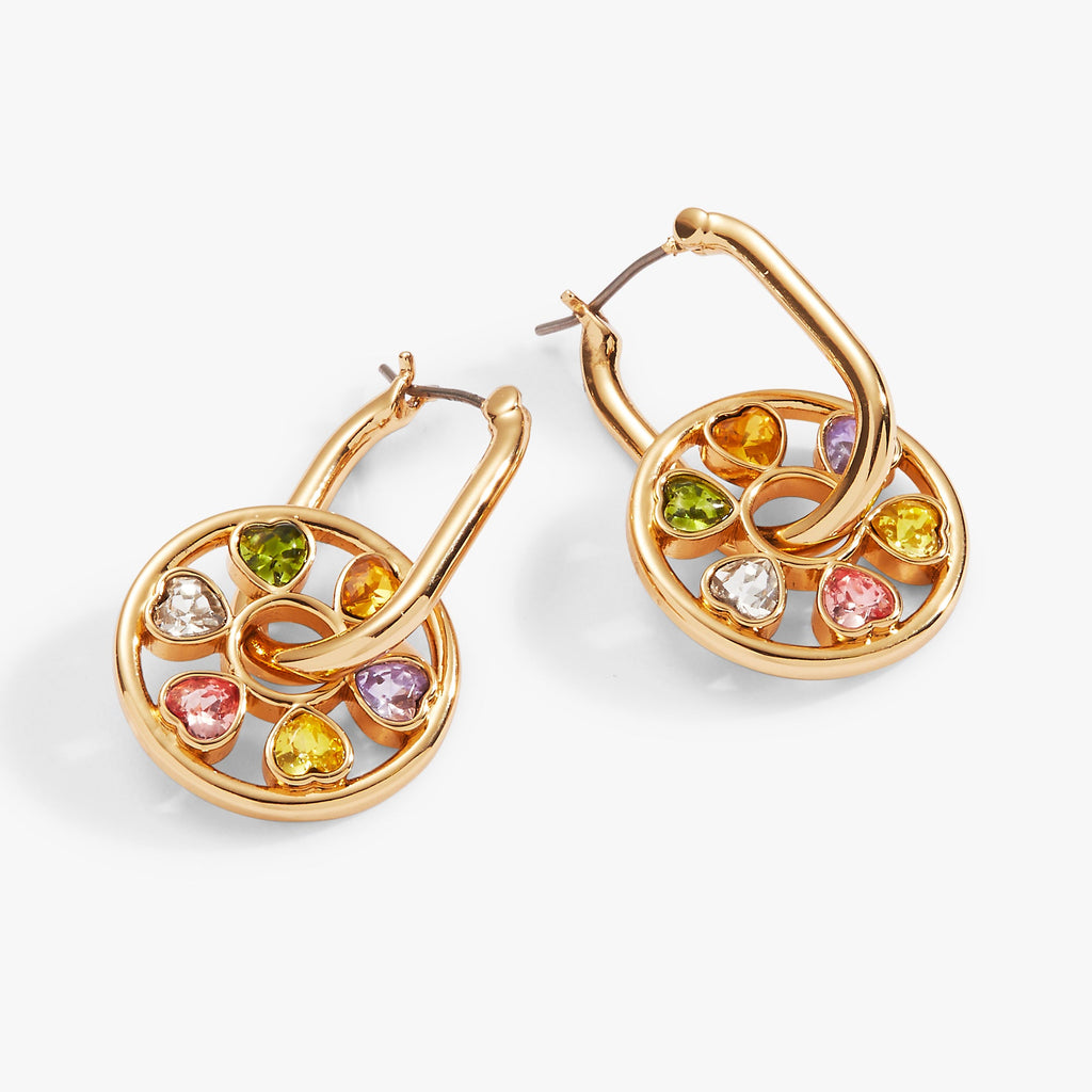 Heart Crystal Spinning Wheel Hoop Earrings with Hinge Closure