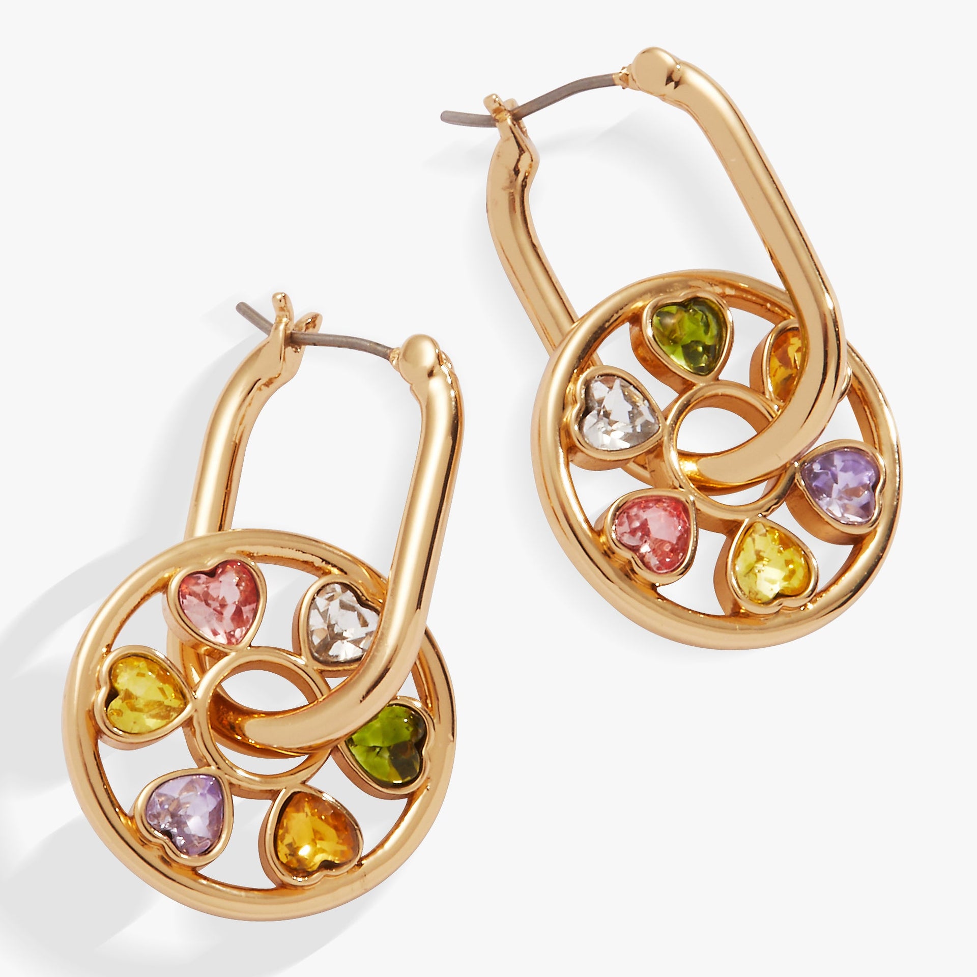 Multicolor crystal heart spinning wheel hoop earrings with hinge closure