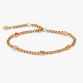 Gold-tone curb chain bracelet with five crystal-accented hearts in pink, purple, and red.