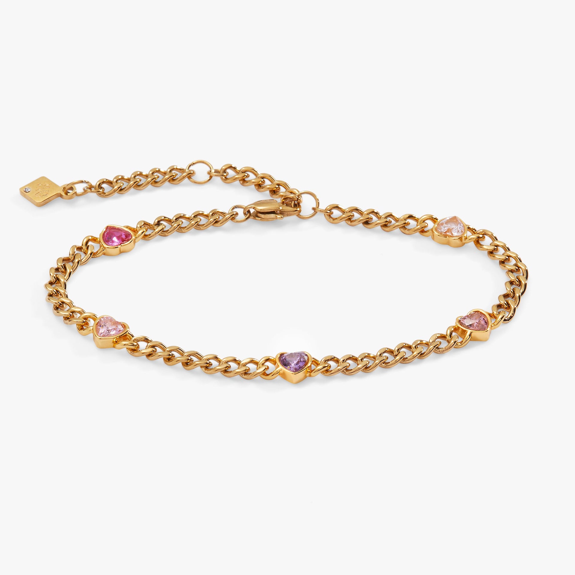 Gold-tone curb chain bracelet with five crystal-accented hearts in pink, purple, and red.