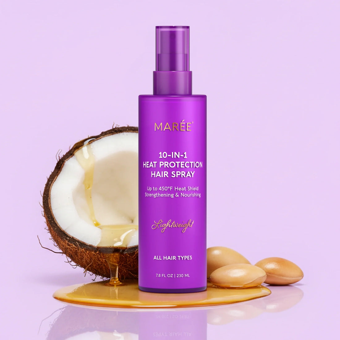 Bottle of 10-in-1 Heat Protection Hair Spray by Maree on a purple background with coconut and argan elements
