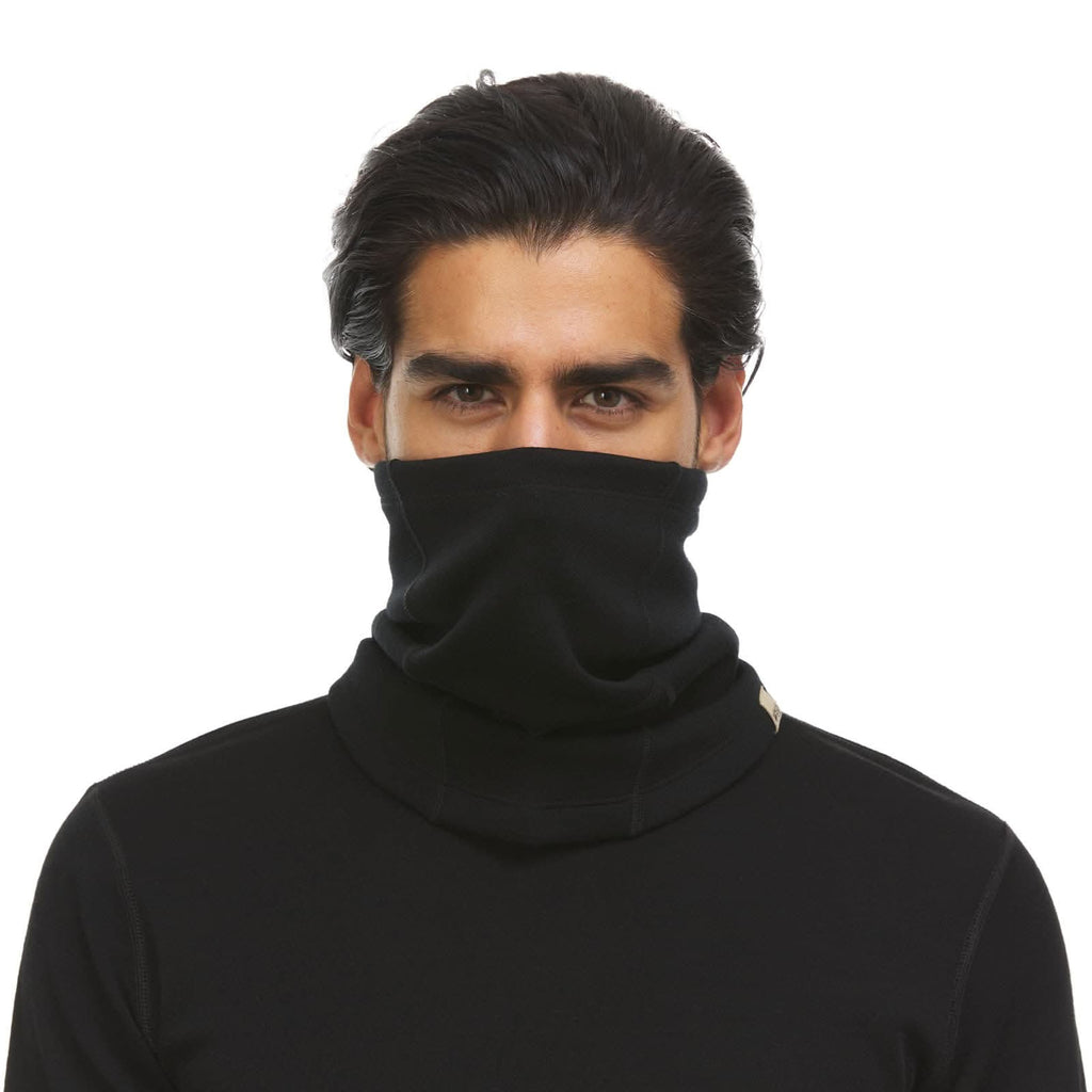 Heavyweight brushed black merino wool neck gaiter for winter sports