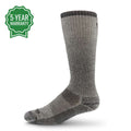 Heavyweight over-the-calf mountaineering socks in grey, maroon, green, and blue.