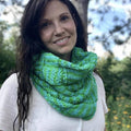 Heritage Cowl knitting pattern showing entrelac texture and lacy slip stitches