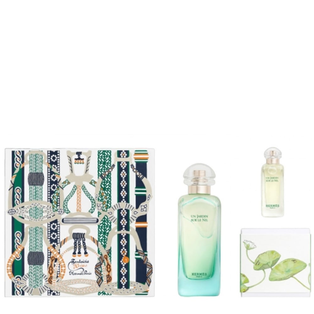 Hermes Un Jardin sur le Nil 3-piece fragrance gift set in a decorative green and gold box