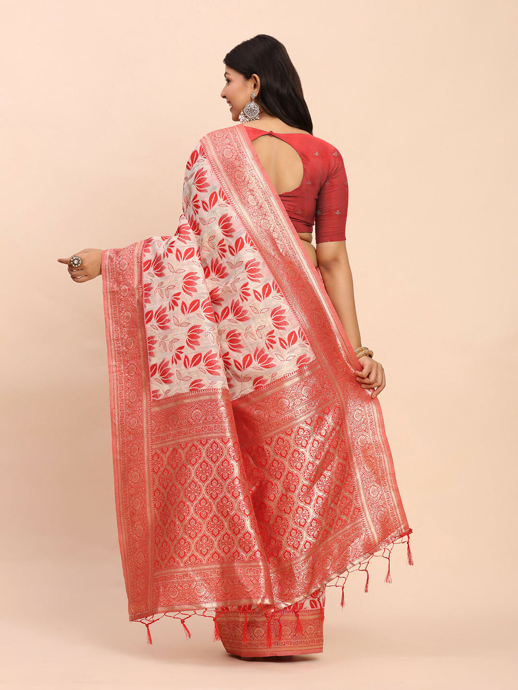 Red Linen Cotton Saree with Matching Blouse Piece