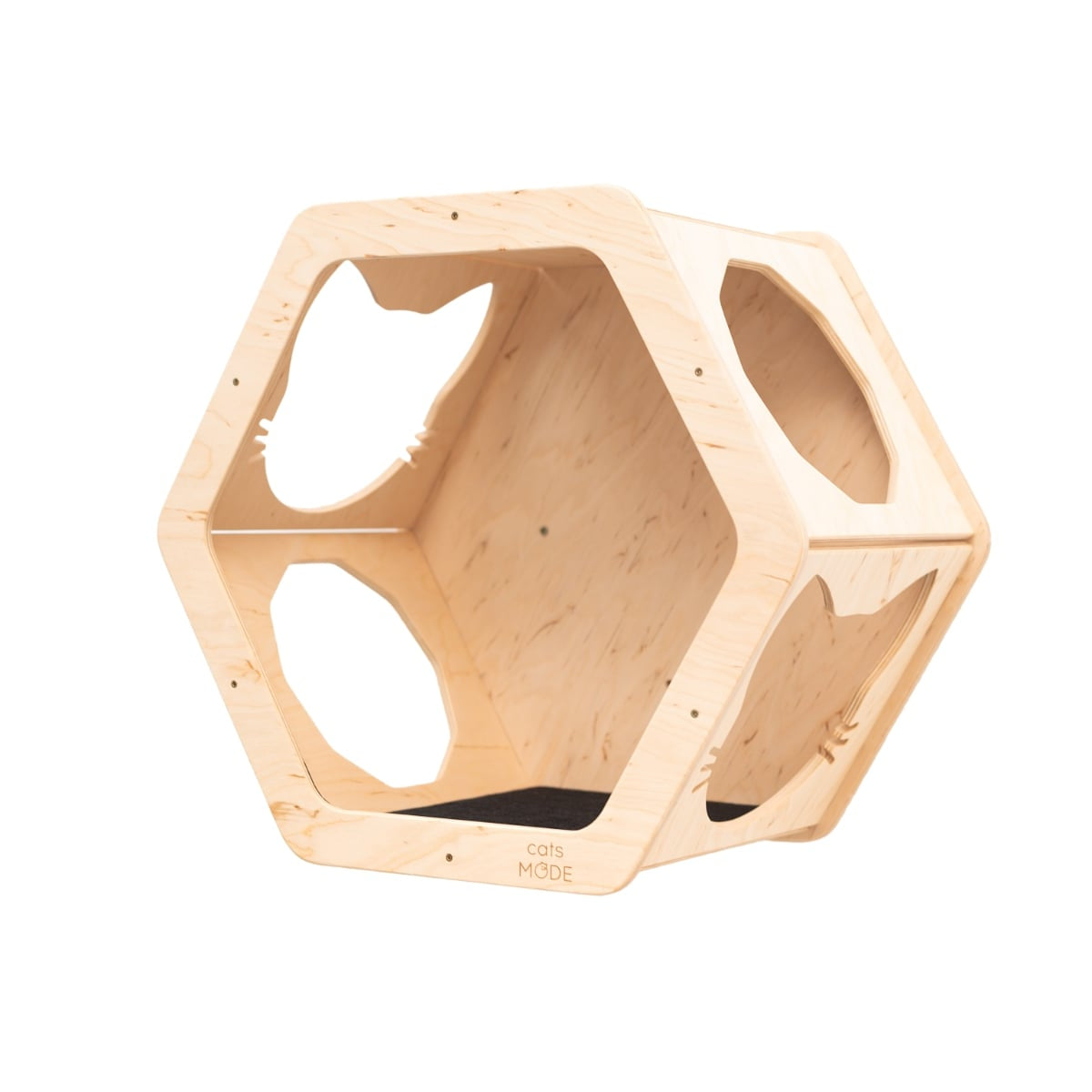 Honeycomb cat wall shelf in light wood and black with soft felt interior lining