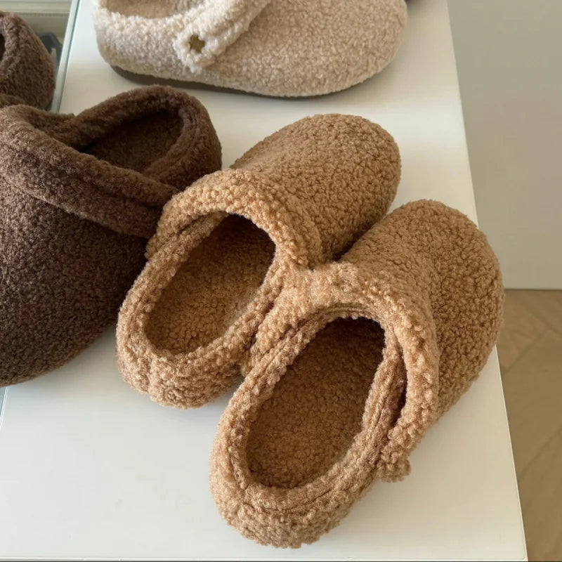 Women Beige Fleece Lined Fluffy Slippers Soft Cozy House Shoes - Image 4