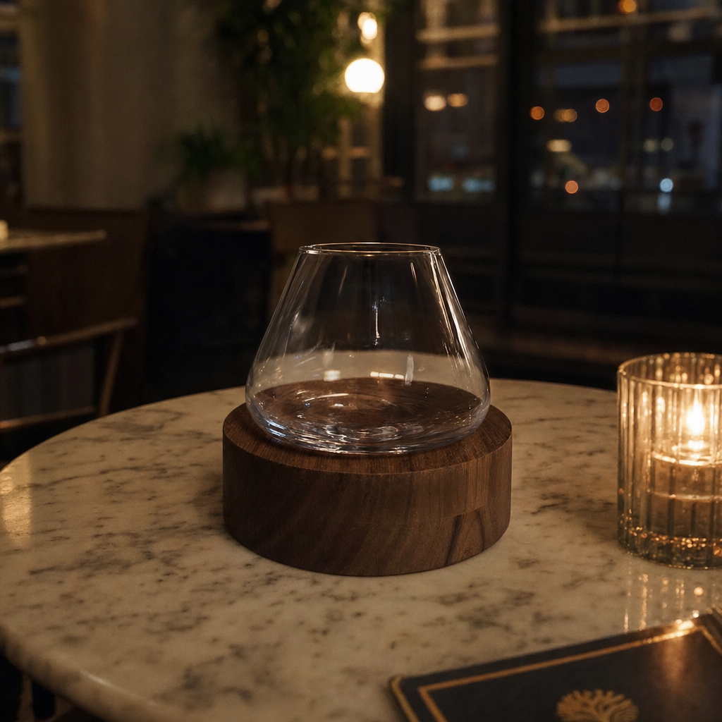 Rotating Crystal Wine Glass with Wooden Coaster for Aeration