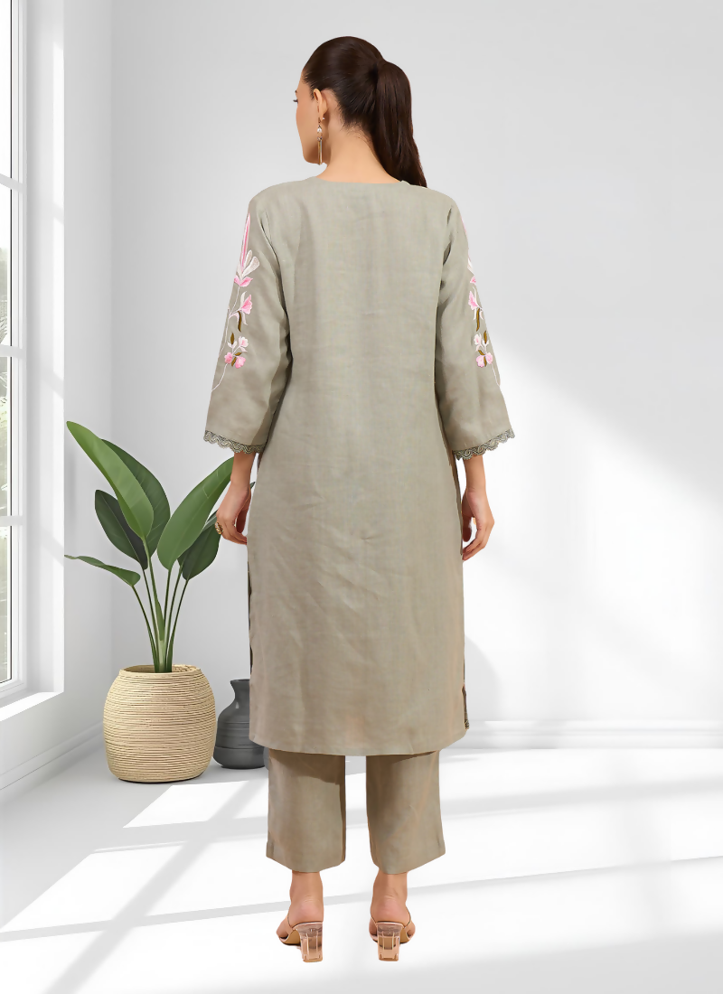 Pista Green Embroidered Linen Long Kurta with Matching Pants Set