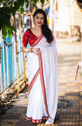 White Pure Georgette Woven Design Saree with Unstitched Blouse - Hiral Fashion