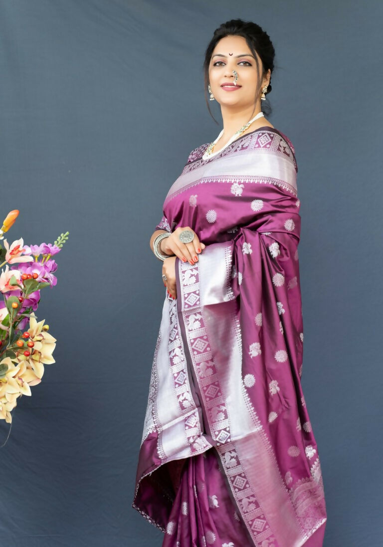 Wine Soft Banarasi Silk Saree with Zari Woven Detail and Blouse