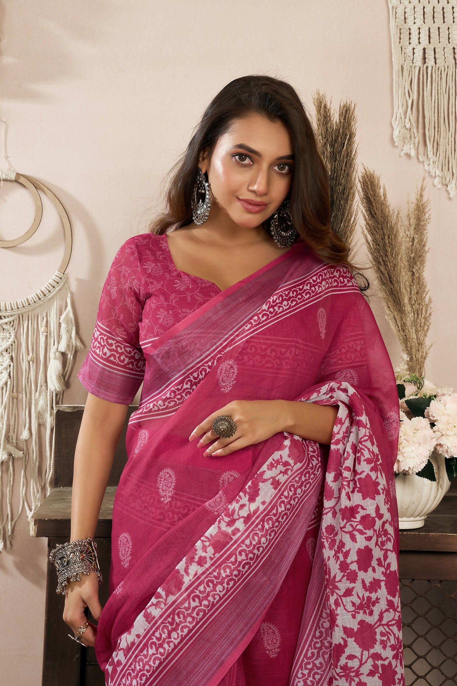Pink Floral Linen Ready To Wear Saree With Unstitched Blouse
