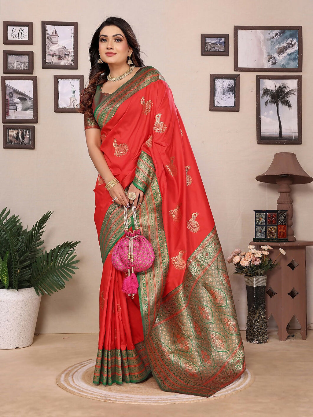 Red Banarasi Small Butti Soft Silk Saree with Blouse Piece