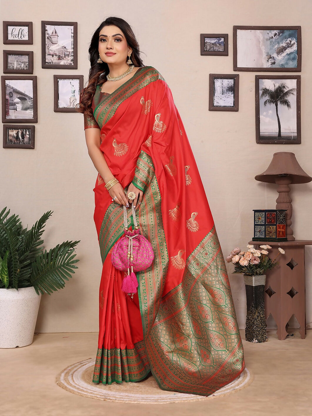Red Banarasi Small Butti Soft Silk Saree with Blouse Piece
