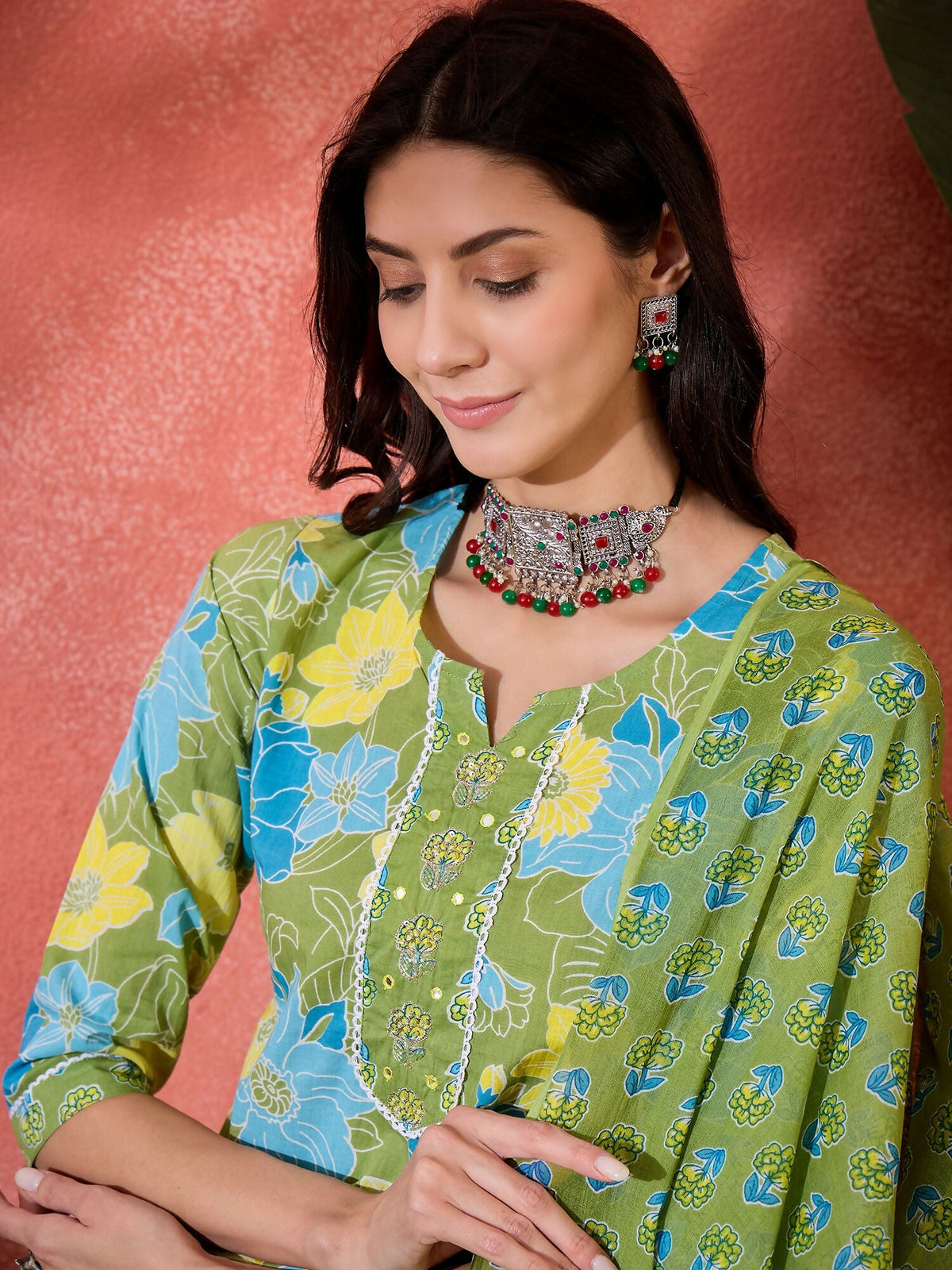 Printed Green Pure Cotton Kurta Set for Women