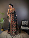 Black soft silk saree with traditional Meena weaving patterns and unstitched blouse