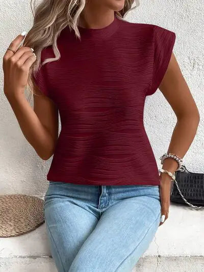 White Textured Wave Pattern Cap Sleeve Top - Image 30
