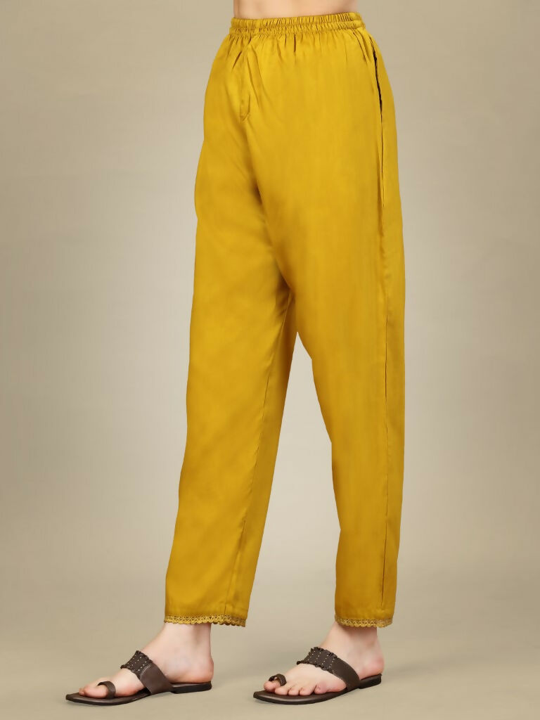 Golden Silk Blend Straight Kurta with Trouser and Dupatta Set