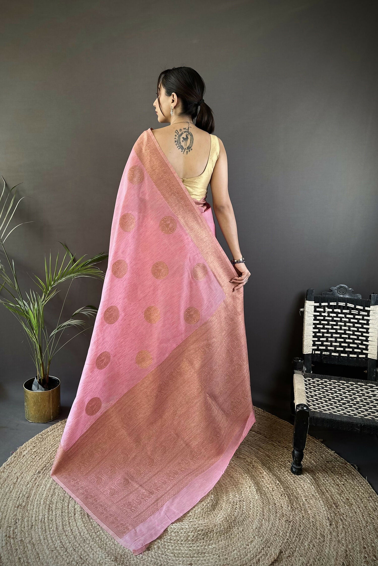 Pastel Pink Floral & Paisley Linen Silk Banarasi Saree