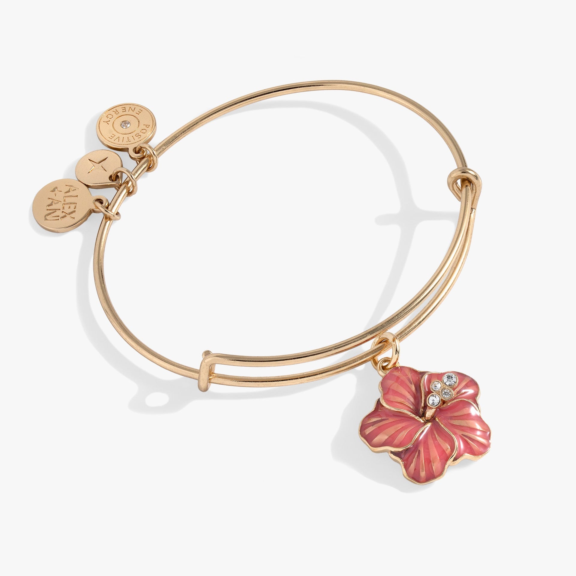 Alex And Ani Hibiscus Charm Bangle featuring a silver-tone raised hibiscus flower with crystal accents