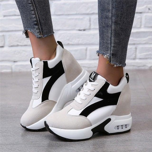 Red and Black Air Cushion Platform Sneaker Heels for Women