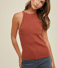 Sleeveless high neck sweater tank in cinnamon color made from viscose and nylon blend
