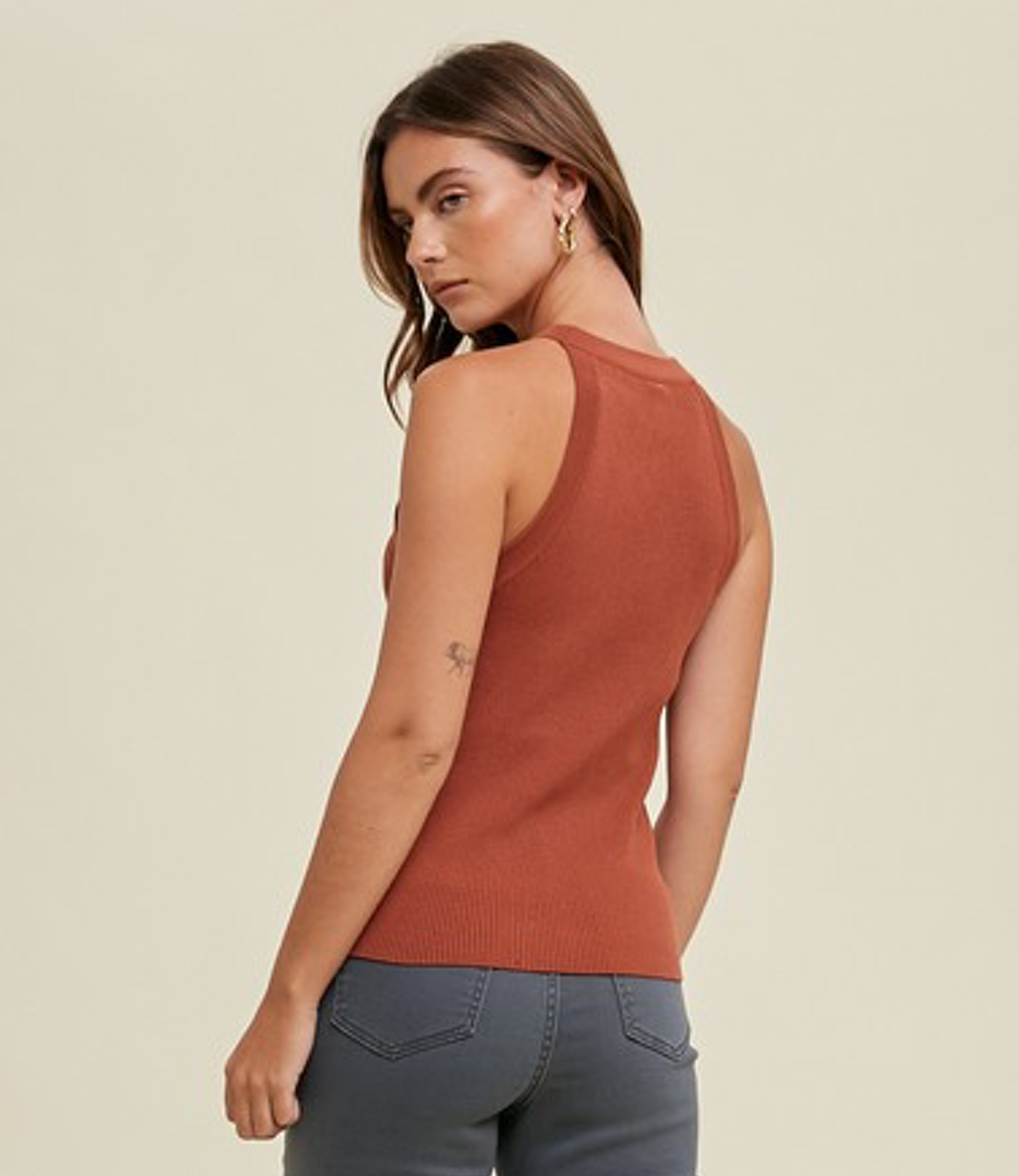 High Neck Sweater Tank Top in Cinnamon Sleeveless Knit