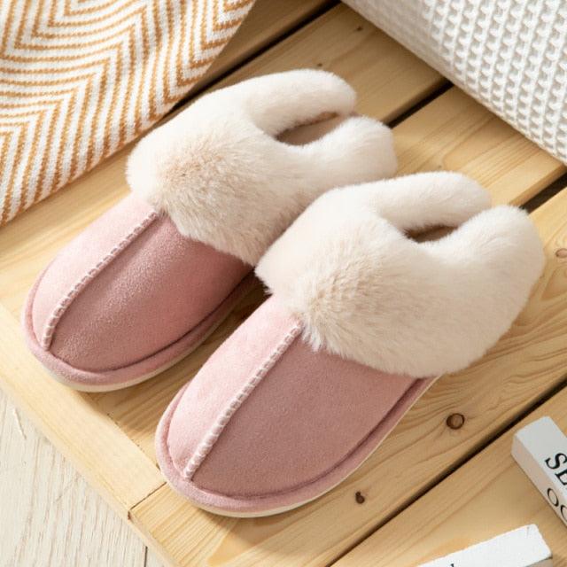 Women’s Cow Suede Leather Winter Slippers with Plush Fur Lining