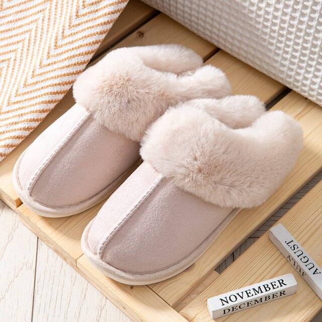 Women’s Cow Suede Leather Winter Slippers with Plush Fur Lining
