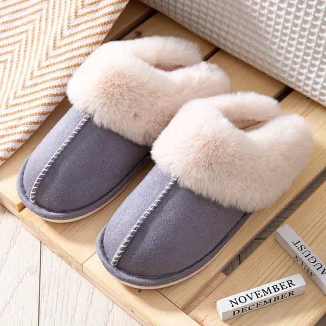 Women’s Cow Suede Leather Winter Slippers with Plush Fur Lining
