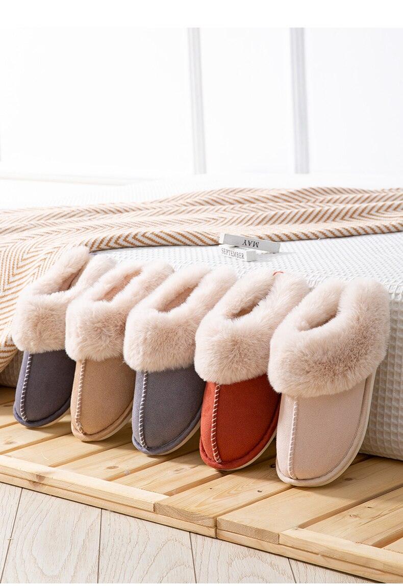 Women’s Cow Suede Leather Winter Slippers with Plush Fur Lining