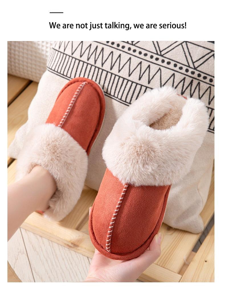 Women’s Cow Suede Leather Winter Slippers with Plush Fur Lining