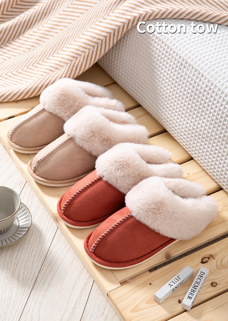 Women’s Cow Suede Leather Winter Slippers with Plush Fur Lining