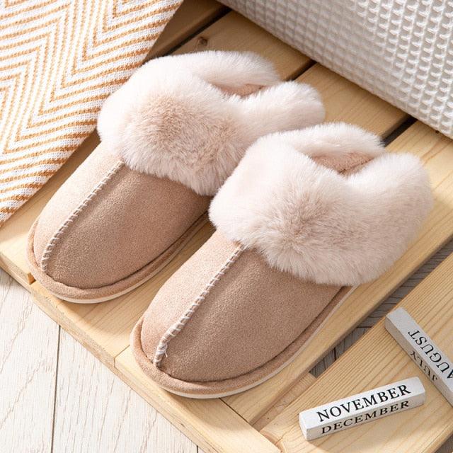 Women’s Cow Suede Leather Winter Slippers with Plush Fur Lining