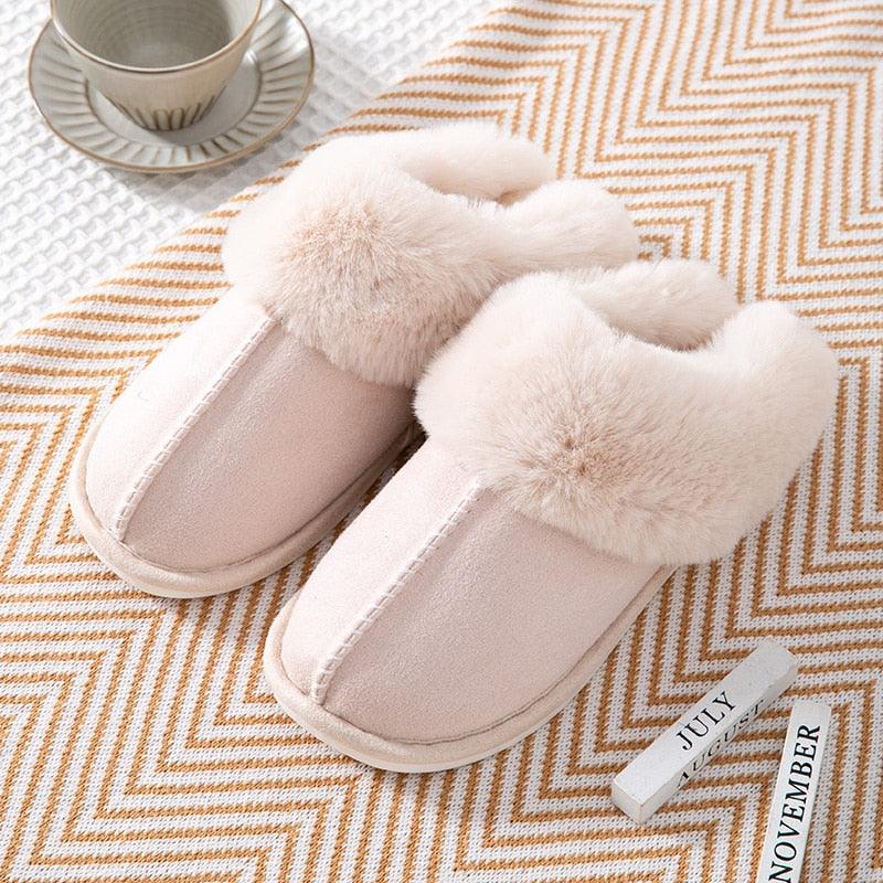 Women’s Cow Suede Leather Winter Slippers with Plush Fur Lining