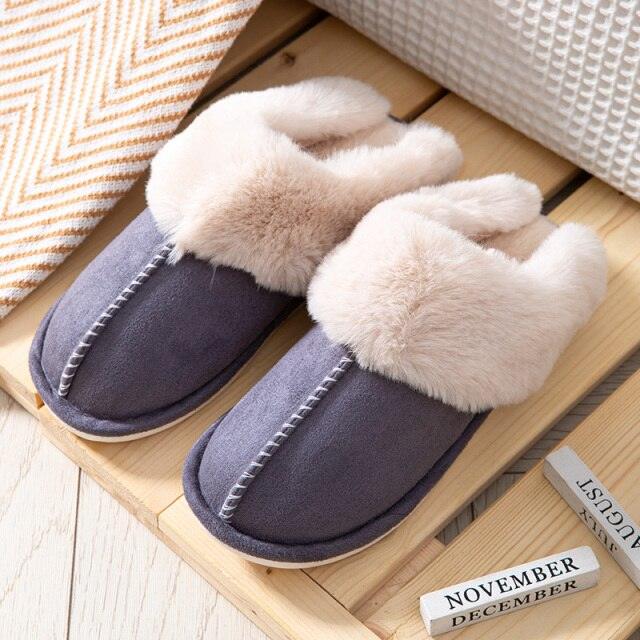 Women’s Cow Suede Leather Winter Slippers with Plush Fur Lining
