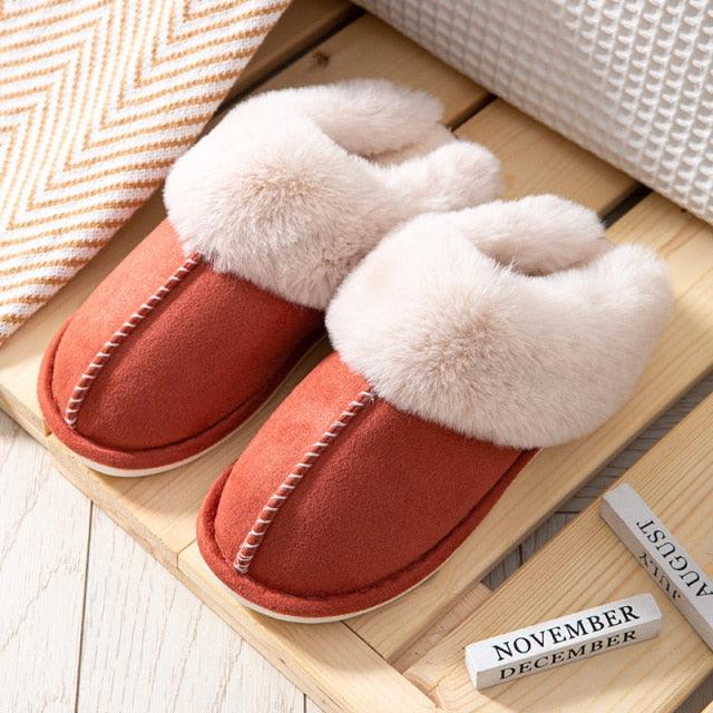 Women's cow suede leather winter slippers with plush fur lining in beige, orange, and grey
