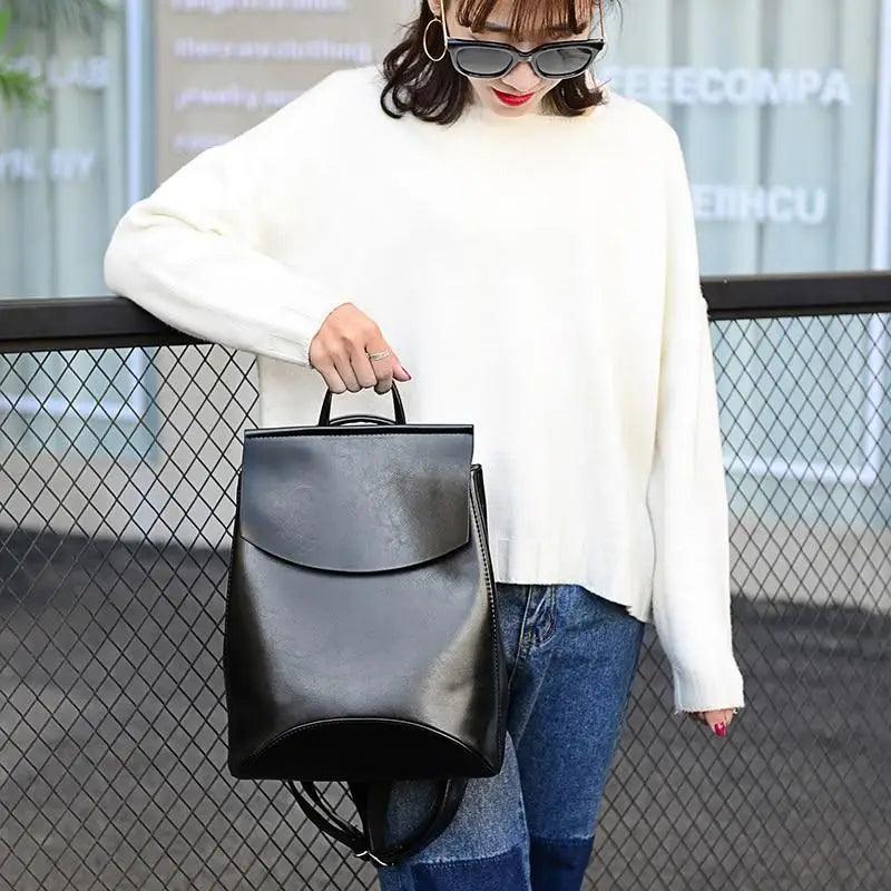Minimalist Anti-Theft Leather Backpack for Women and Girls