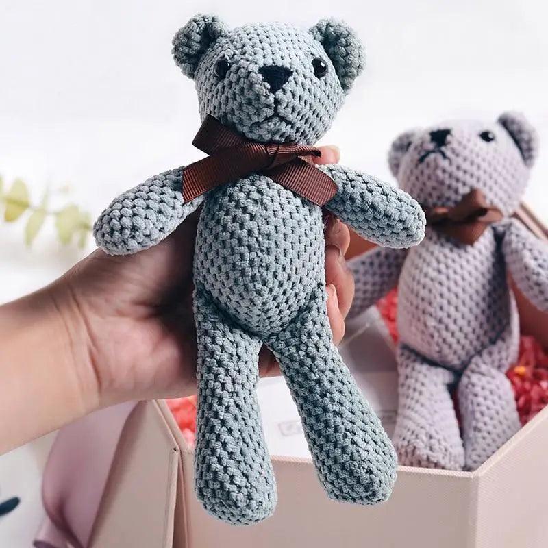 Handcrafted 20cm knit teddy bear and rabbit plush dolls featuring brown ribbon accents for home decor