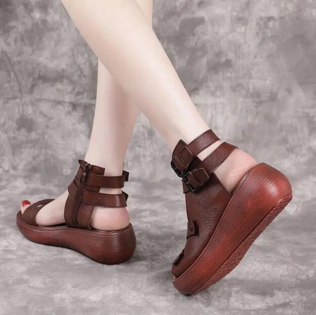 Women's Vintage Leather Platform Sandals - Retro Bohemian Comfort Shoes