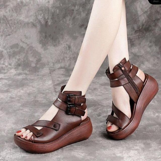 Women's Vintage Leather Platform Sandals - Retro Bohemian Comfort Shoes
