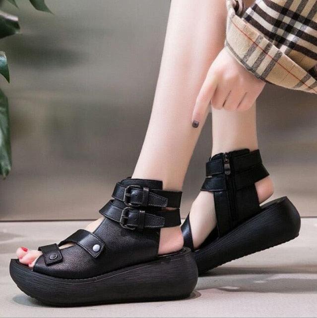 Women's Vintage Leather Platform Sandals - Retro Bohemian Comfort Shoes
