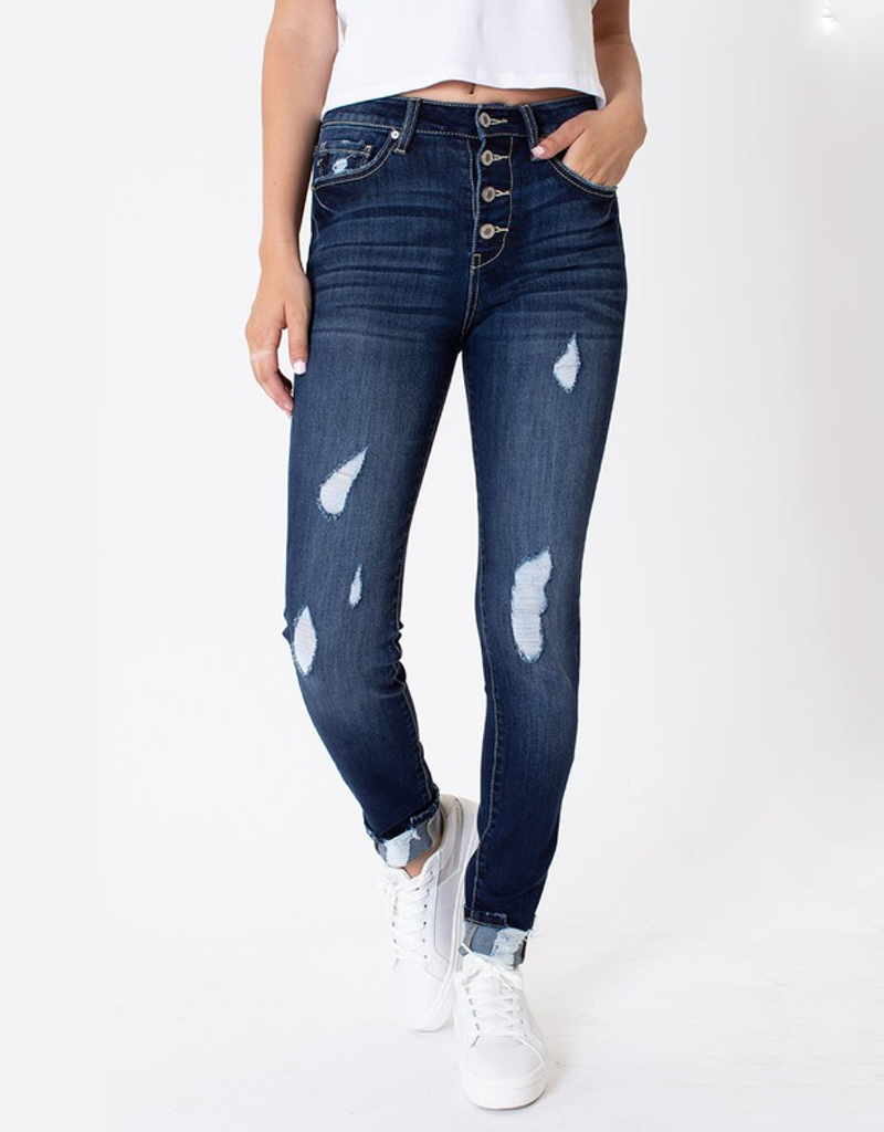 High Rise 4 Button Super Skinny Distressed Ankle Jeans Medium Wash