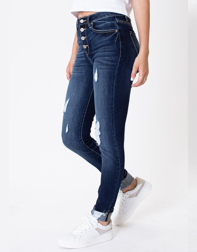 High Rise 4 Button Super Skinny Distressed Ankle Jeans Medium Wash